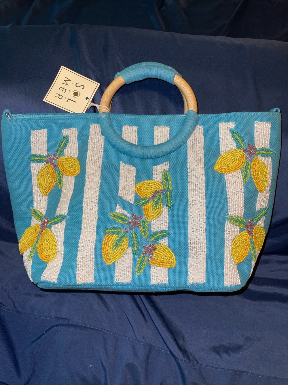 Sol & Mer Blue Beaded with Lemons and Stripes Tote